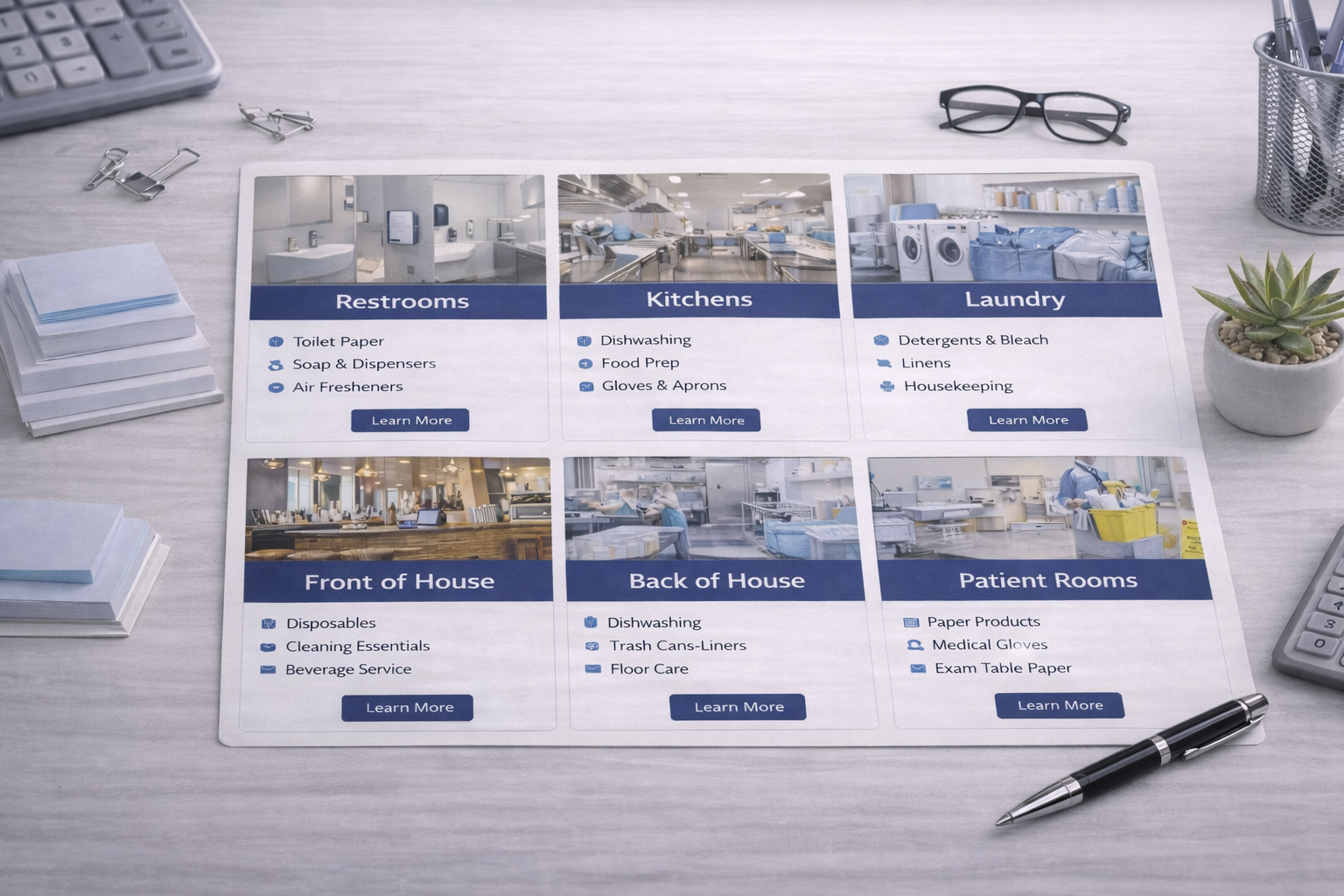 Landing pages organized by area such as restrooms, kitchens, laundry and front of house